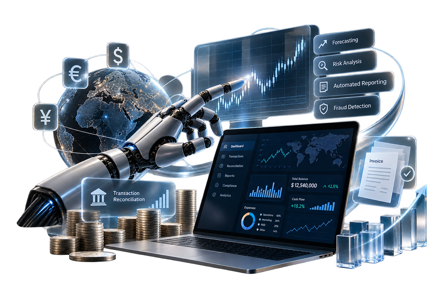 Illustration of an AI finance agent: a robotic hand points at a rising candlestick chart beside labelled panels for forecasting, risk analysis, automated reporting and fraud detection, with a laptop showing a dashboard whose sidebar lists dashboard, transactions, reconciliation, reports, compliance and analytics and whose tiles show a total balance of $12,540,000 up 12.5 per cent, cash flow up 18.2 per cent and expenses split across operations, marketing, R and D and other, a transaction reconciliation panel, stacks of coins, euro, dollar and yen symbols orbiting a globe, an approved invoice and glass bar charts under a rising arrow.