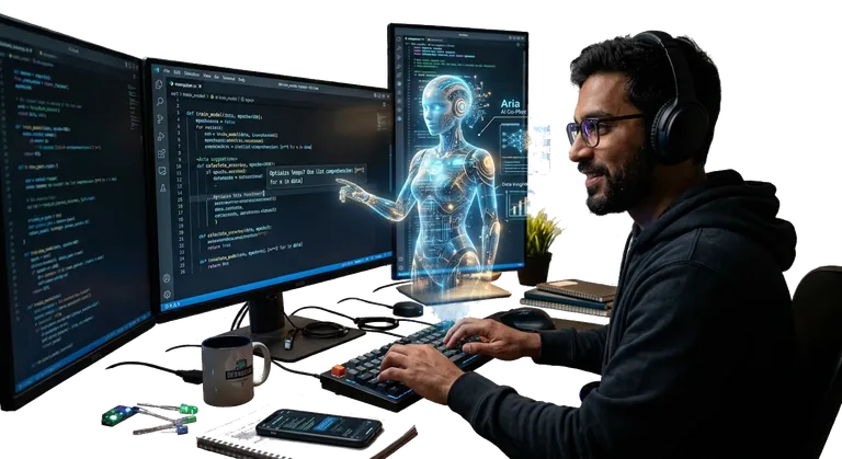 A developer in headphones types at a desk with three monitors: two show code in an editor and the third shows an AI assistant named Aria as a glowing figure beside a neural-network diagram and a bar chart. A mug, a phone, a notebook and a small plant stand on the desk.