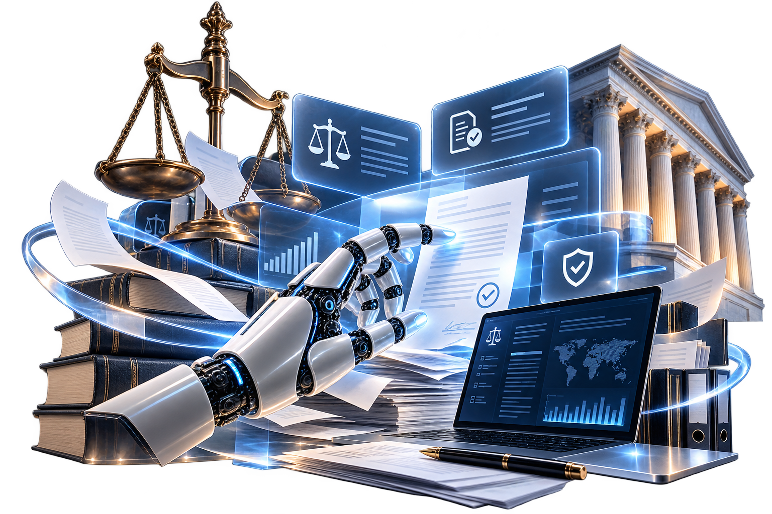 Illustration of an AI legal assistant: a robotic hand reaches toward a glowing document with an approval check beside brass scales of justice, a stack of law books, floating panels for case law, a verified filing and a security shield, a neoclassical courthouse behind them, and a laptop showing a legal dashboard with a checklist, a world map and a bar chart next to a pen and printed papers.
