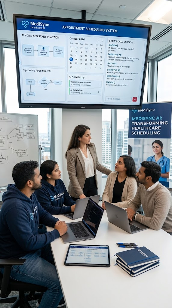 A team in an office reviews a wall screen showing an AI appointment-scheduling dashboard with a calendar, an active voice-assistant call transcript and an activity log, beside a roll-up banner about AI for healthcare scheduling.