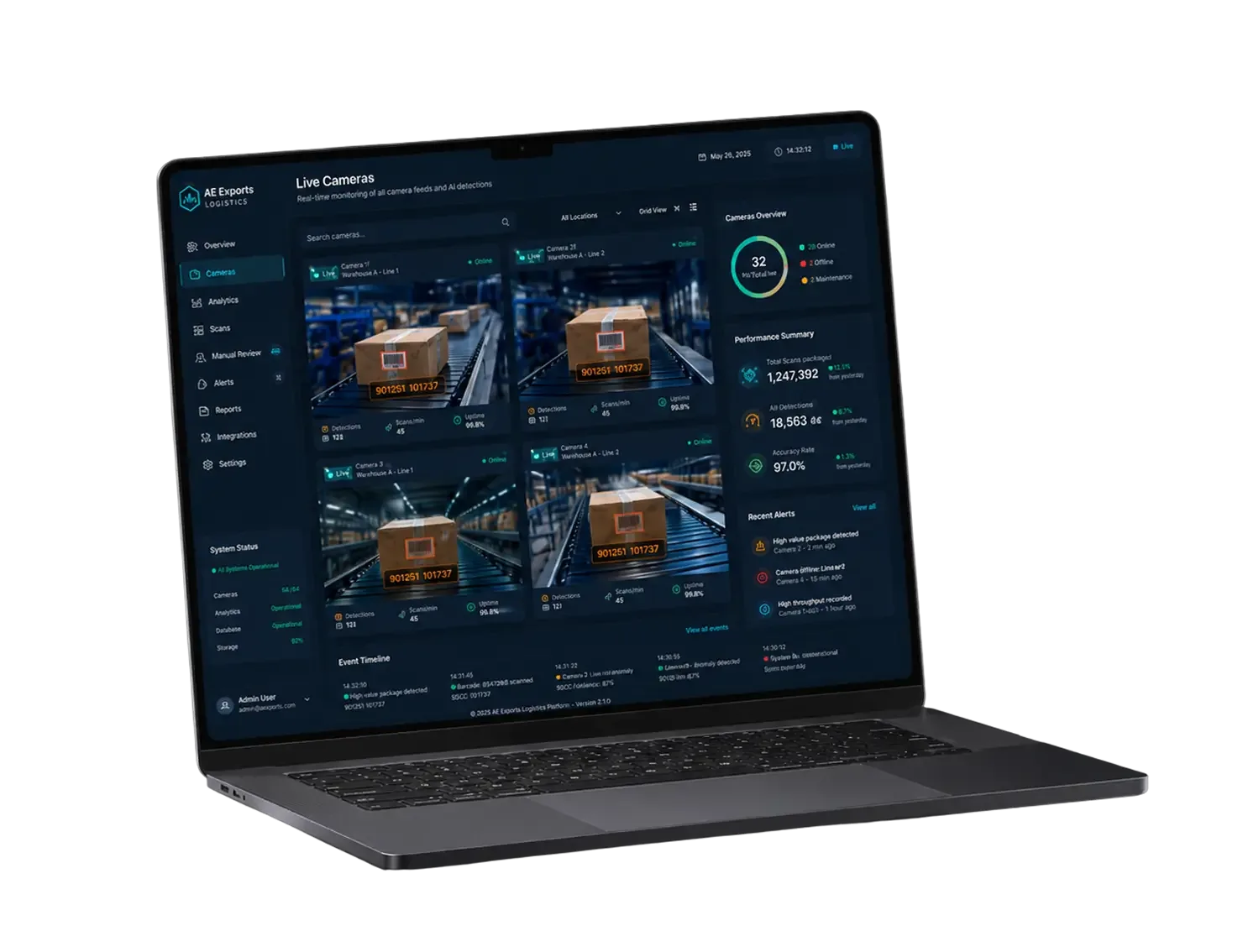 Laptop showing the live cameras view of the barcode platform with four warehouse conveyor feeds, each parcel's barcode boxed and decoded