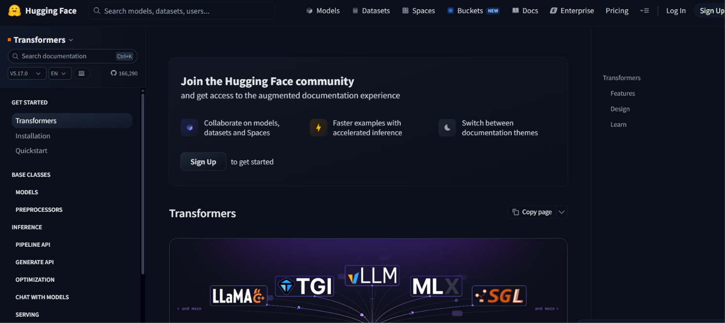Hugging Face Transformers documentation page showing supported inference backends including LLaMA, TGI, vLLM, MLX and SGLang.