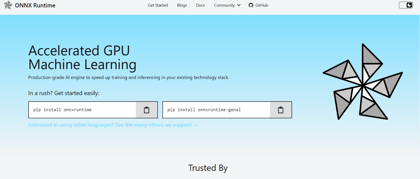 ONNX Runtime homepage headlined Accelerated GPU Machine Learning with pip install onnxruntime commands.