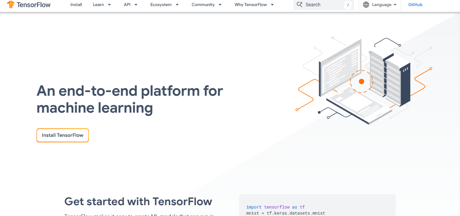TensorFlow homepage with the headline An end-to-end platform for machine learning and an Install TensorFlow button.
