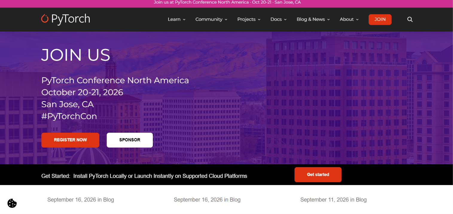 PyTorch homepage showing the PyTorch Conference North America 2026 banner and a Get Started installation bar.