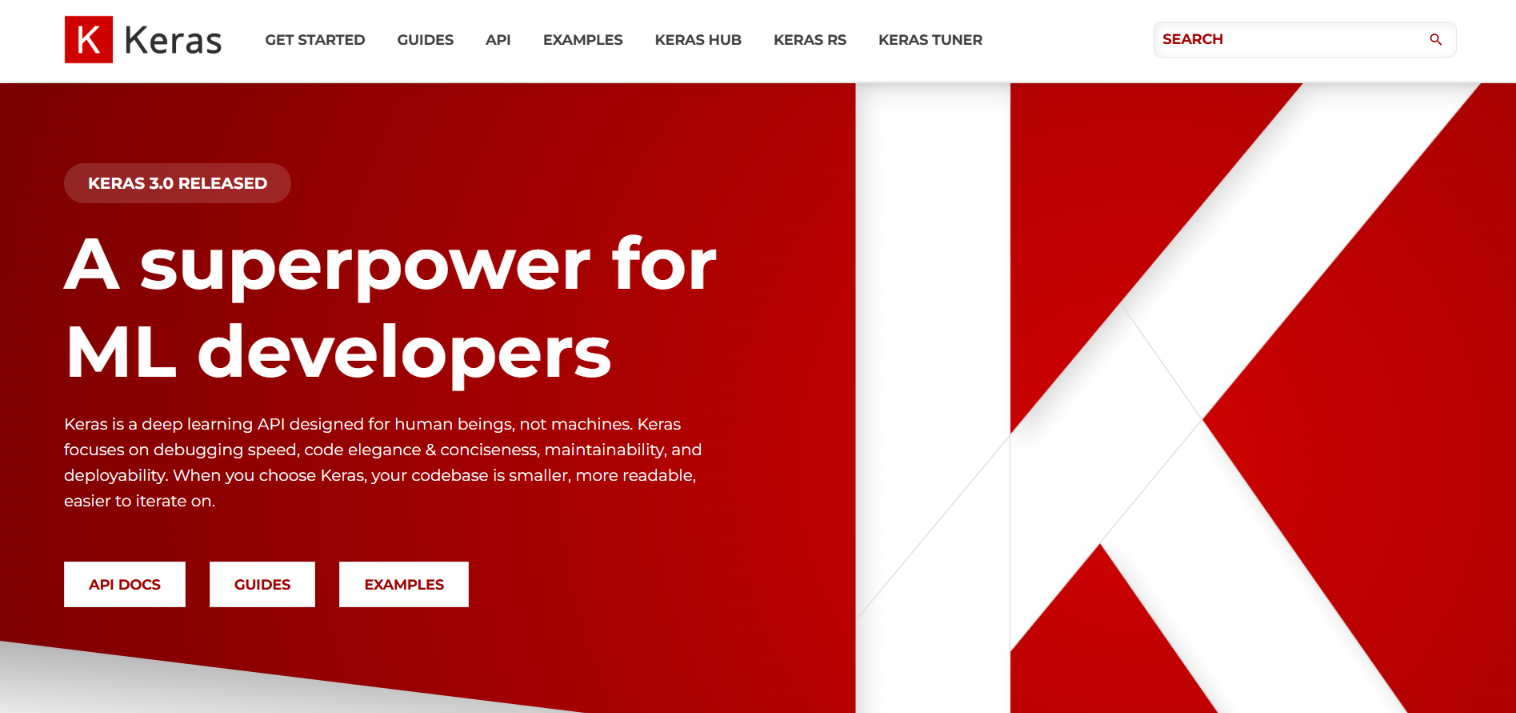 Keras homepage announcing Keras 3.0 with the headline A superpower for ML developers and links to API docs, guides and examples.