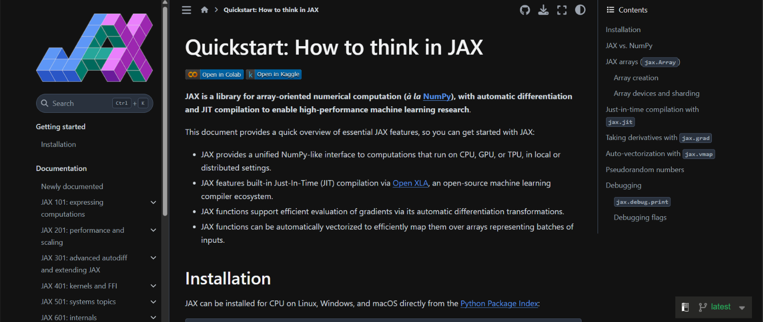 JAX documentation page titled Quickstart: How to think in JAX, covering array computation, autodiff and JIT compilation.