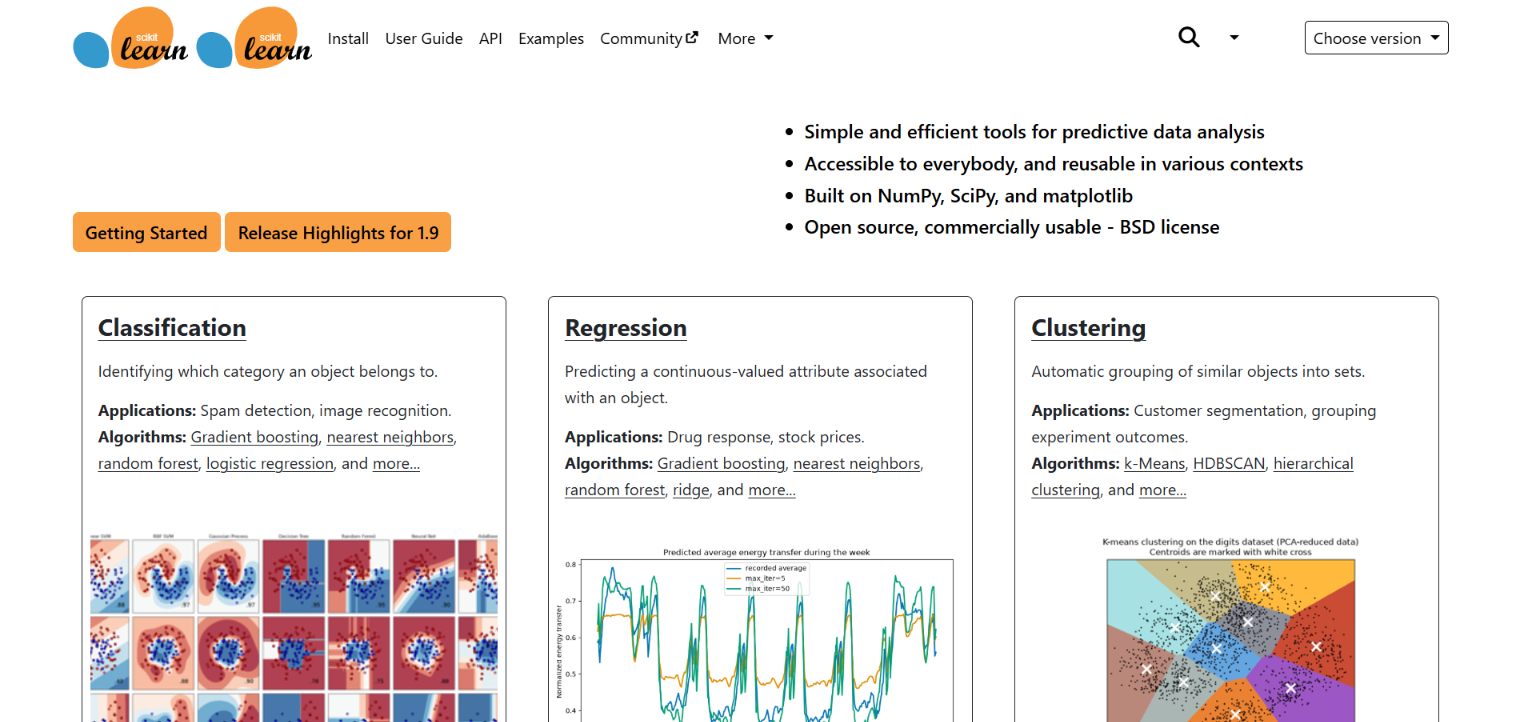 scikit-learn homepage listing its classification, regression and clustering tools with example plots for each.
