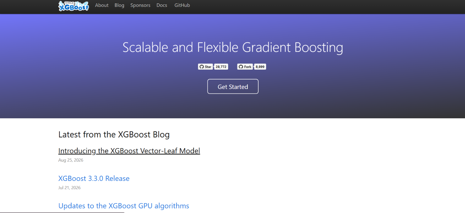 XGBoost homepage with the tagline Scalable and Flexible Gradient Boosting and a list of recent XGBoost blog posts.