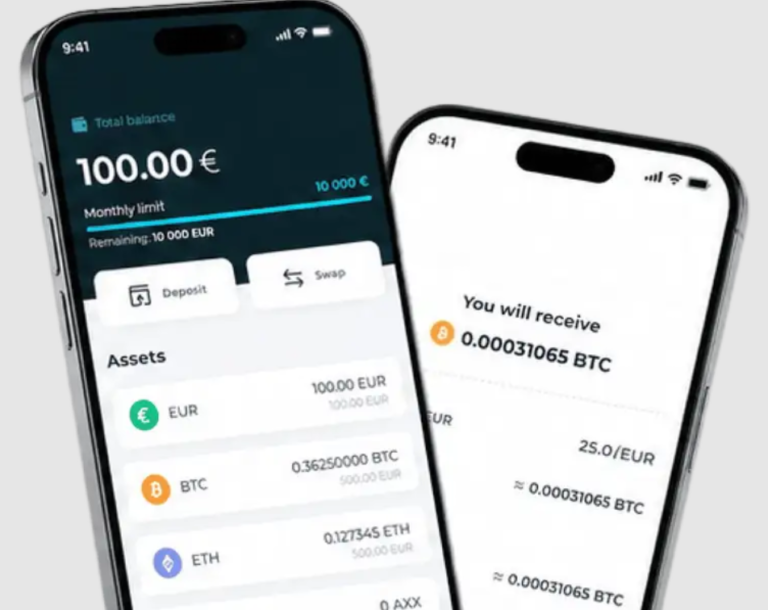 Two phone screens from a crypto wallet. The first shows a total balance of 100.00 € with a monthly limit bar, Deposit and Swap buttons, and an asset list of EUR, BTC and ETH with their balances. The second is a conversion screen reading “You will receive 0.00031065 BTC” with the rate beneath it.