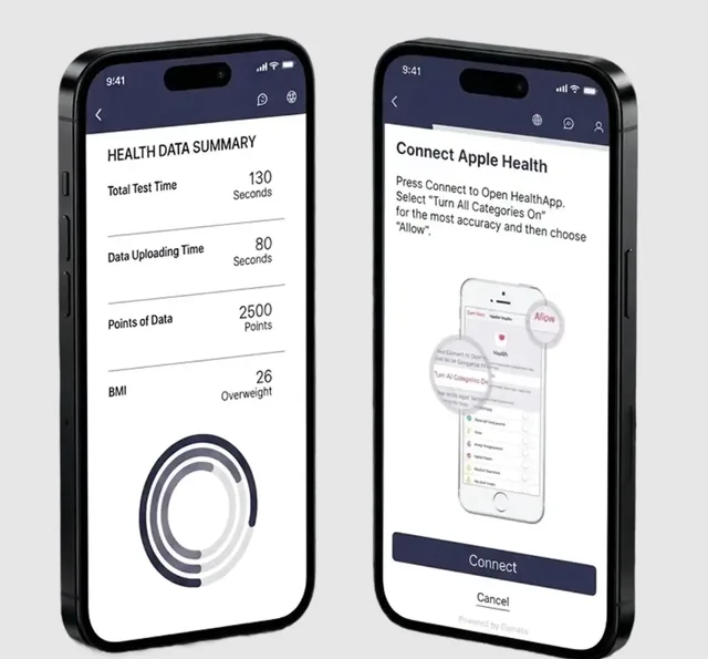 Two phone screens from a wellness app. The first, headed Health Data Summary, lists total test time 130 seconds, data uploading time 80 seconds, points of data 2500 and a BMI of 26 marked Overweight, above a segmented ring chart. The second, headed Connect Apple Health, gives instructions for granting health permissions and shows a Connect button.