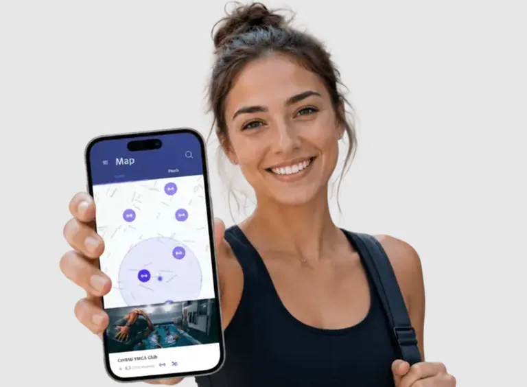 A smiling woman with a gym bag holds out a phone showing a Map tab: a street map scattered with dumbbell pins and a highlighted search radius, and a venue card at the bottom with a photo, the club name and a rating.