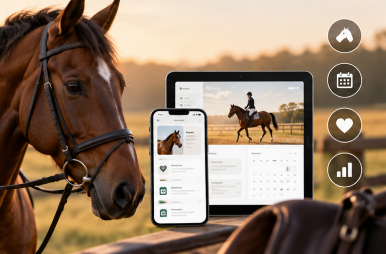 A bridled bay horse stands in a field at sunset. A phone and a tablet rest on a fence rail beside it: the phone shows a profile screen with a horse photo above a list of record rows with heart, calendar and chart icons, and the tablet shows a photo of a rider schooling a horse next to a month calendar grid. Four round badges down the right carry a horse head, a calendar, a heart and a bar chart. The interface text is blurred and unreadable.