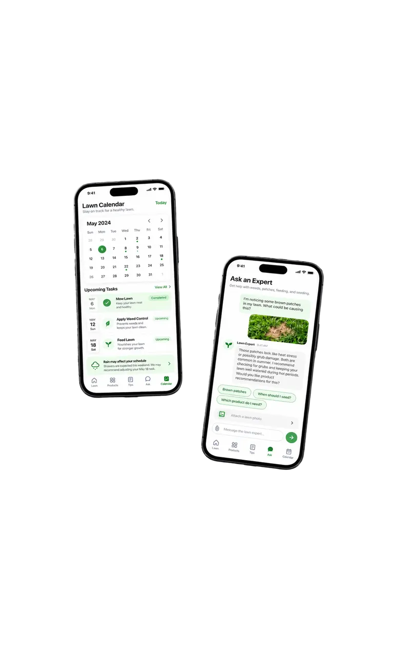 Lawn care app on two iPhones: a May lawn calendar with upcoming tasks — mow lawn, apply weed control, feed lawn — and an Ask an Expert chat where a photo of brown patches gets a reply about heat stress or grub damage.
