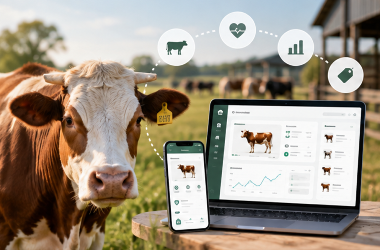 A brown and white cow with a yellow numbered ear tag stands in a sunlit pasture, with a herd and a barn blurred behind it. A dotted line runs from the ear tag to a phone and a laptop on a wooden table: both screens show a herd-management interface with a photo of a cow, record rows and a rising line chart, and the laptop also lists further animals down its right side. Four round badges above carry a cow, a heart with a pulse line, a bar chart and a price tag. The interface text is blurred and unreadable.