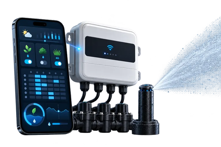 A smart irrigation set: a smartphone showing a dark garden app with a weather strip and bar chart, three zone tiles icon-ed with a seedling, a shrub and grass, each with a watering toggle, and a weekly schedule grid; beside it a white Wi-Fi controller box wired to four black valve manifolds, and a sprinkler head spraying a fan of water.