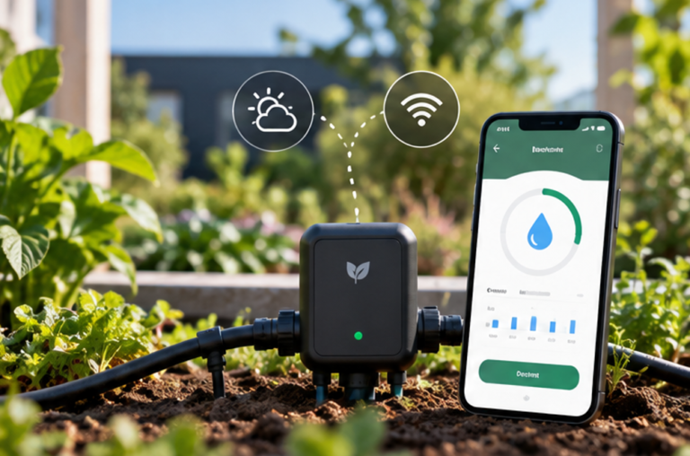 A black irrigation controller with a leaf emblem and a lit green status light sits on the soil of a sunlit vegetable bed, connected to drip tubing and buried emitters. Dotted lines rise from it to two round badges, a sun-behind-cloud weather icon and a wi-fi icon. A phone beside it shows a watering screen: a large water-drop dial inside a part-filled green ring, a row of small bar-chart columns and a green action button. The interface text is blurred and unreadable.