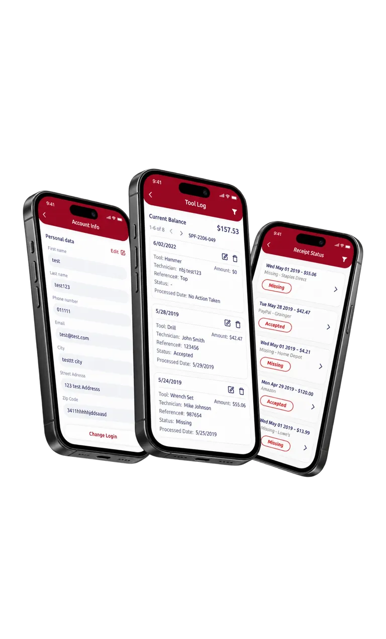 Three phone screens: the technician's account details, a tool log with the current balance and purchase listed with technician, reference number and status, and a receipt list where each submission is marked accepted or missing