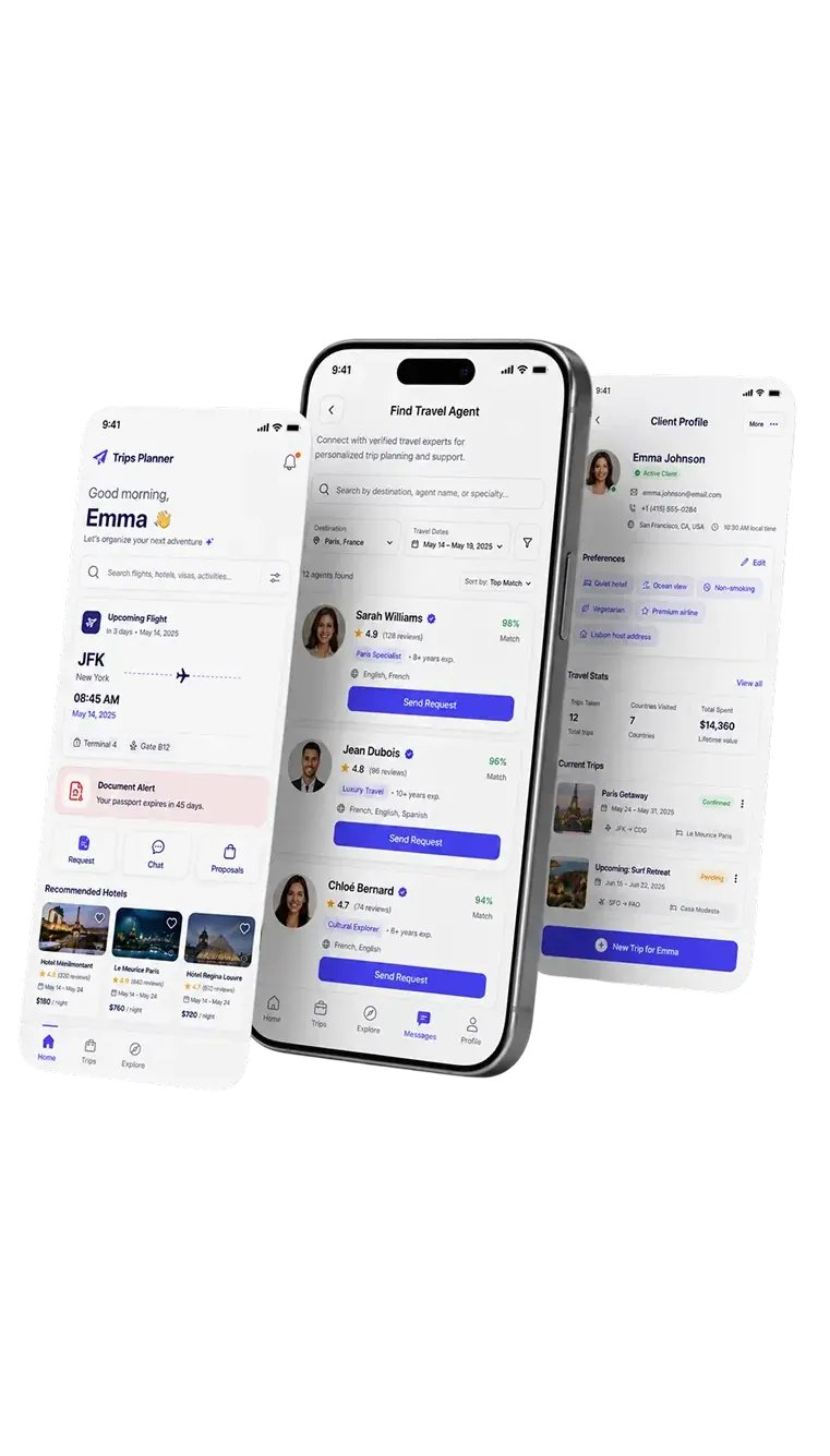 Trips Planner CRM for travel agents on three iPhones: traveler home, find-an-agent marketplace, and a client profile