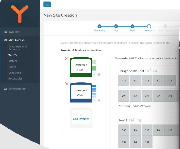 A web application screen headed New Site Creation, with a dark sidebar listing kWh Max, kWh to Cash, Customers and Contracts, Tariffs, Meters, Billing, Collections, Receivables and Administration; the main panel shows a four-step progress bar and two cards labelled Inverter 1 and Inverter 2 beside grids of module values headed Garage South Roof and Roof 2.