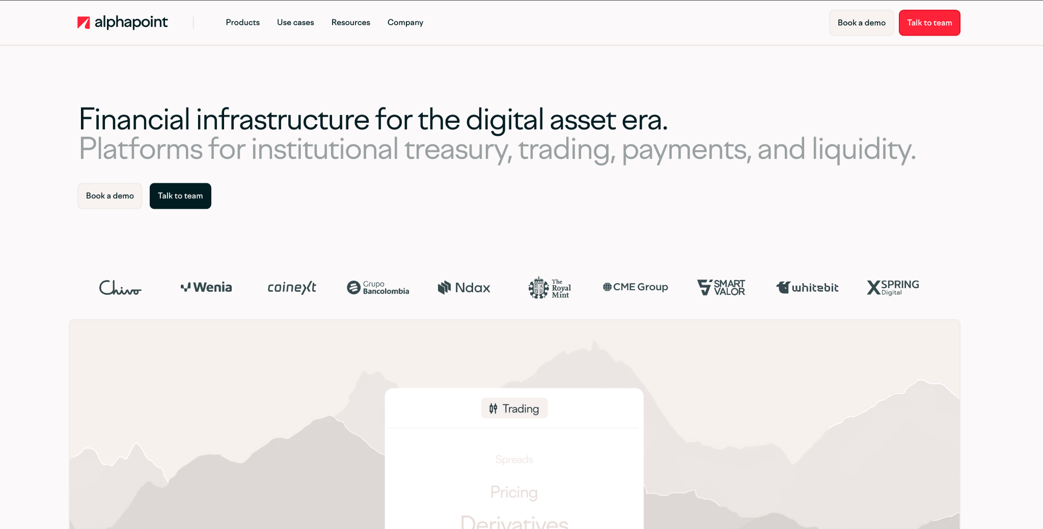AlphaPoint homepage: 'Financial infrastructure for the digital asset era' with client logos like CME Group and The Royal Mint