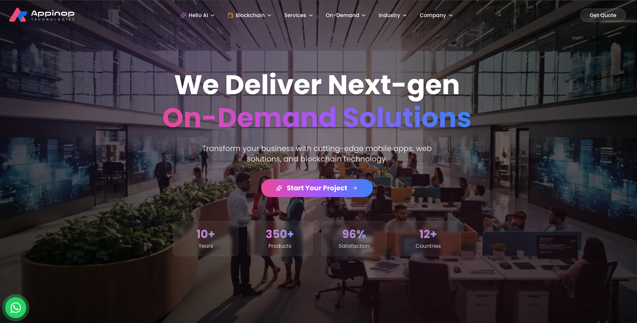 Appinop Technologies homepage: 'We Deliver Next-gen On-Demand Solutions' with 10+ years, 350+ products and 12+ countries