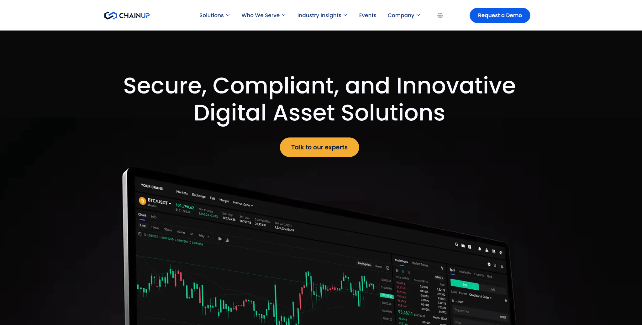 ChainUp homepage: 'Secure, Compliant, and Innovative Digital Asset Solutions' with a white-label exchange trading screen