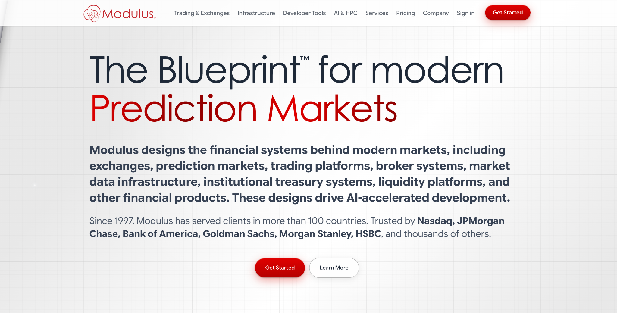 Modulus homepage: 'The Blueprint for modern Prediction Markets', financial systems for clients in 100+ countries since 1997