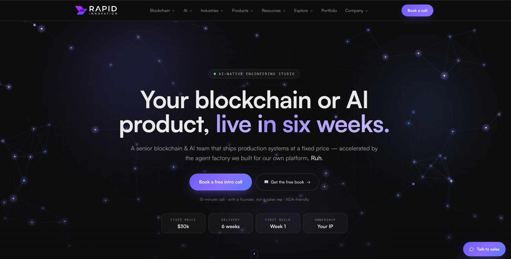 Rapid Innovation homepage: 'Your blockchain or AI product, live in six weeks' at a fixed price from $30k