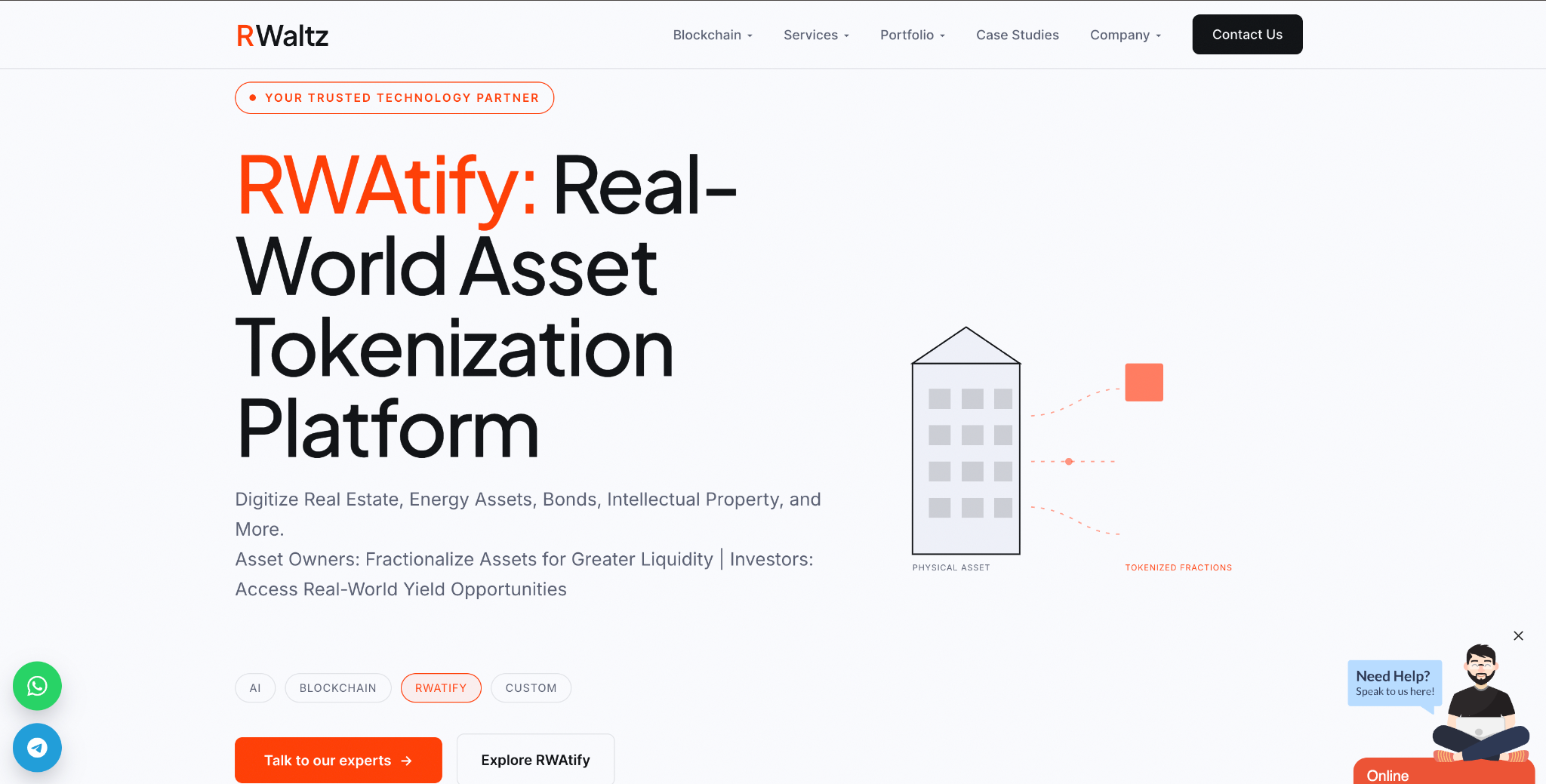 RWaltz homepage promoting RWAtify, a real-world asset tokenization platform for real estate, energy assets and bonds