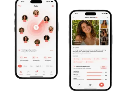Two phone screens of the dating app: a radar view scanning nearby matches with compatibility percentages, and a profile with an AI similarity breakdown at 88%