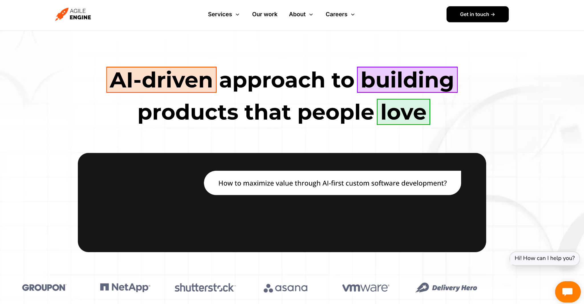 AgileEngine homepage with the headline 'AI-driven approach to building products that people love' and client logos