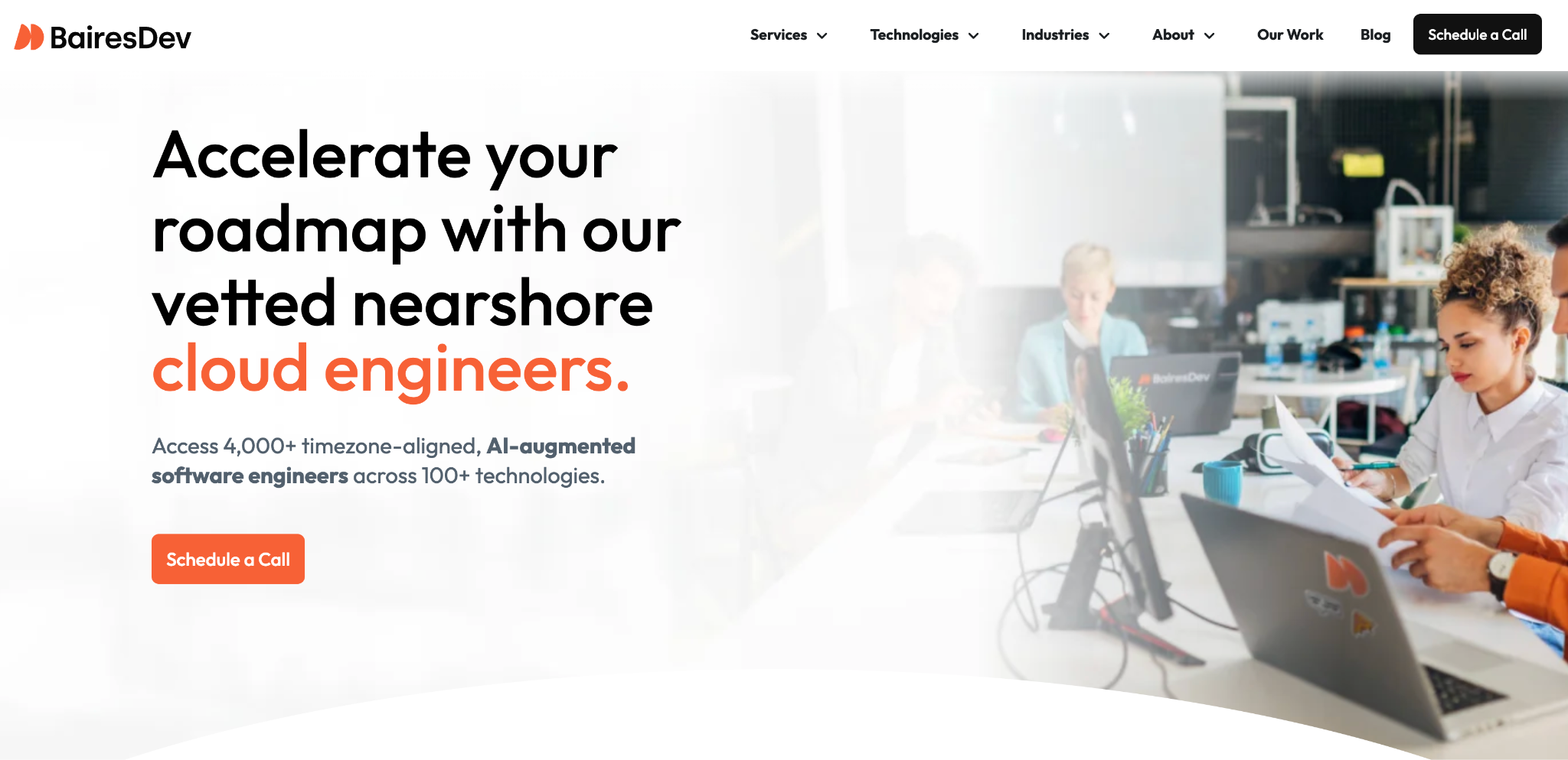 BairesDev homepage offering 4,000+ vetted, timezone-aligned nearshore cloud engineers
