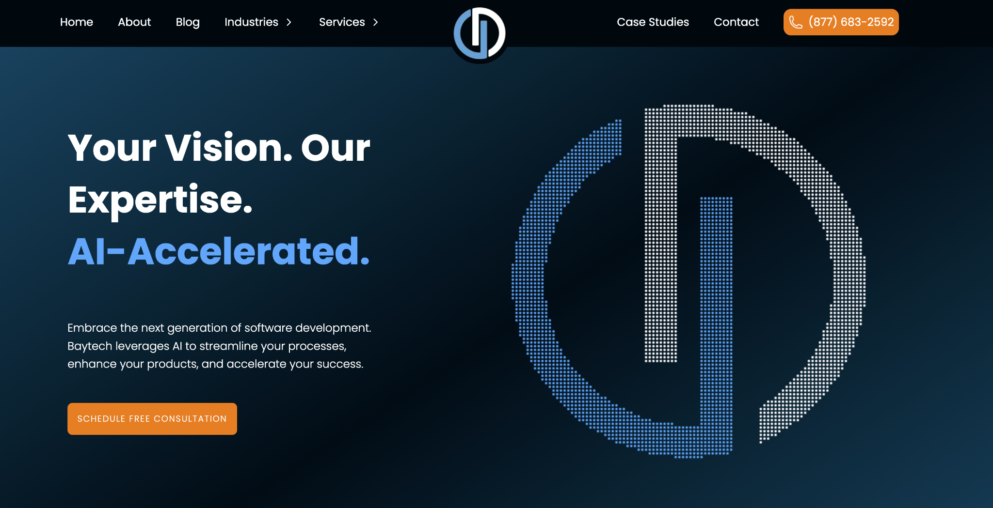 Baytech Consulting homepage with the headline 'Your Vision. Our Expertise. AI-Accelerated.' and a consultation button