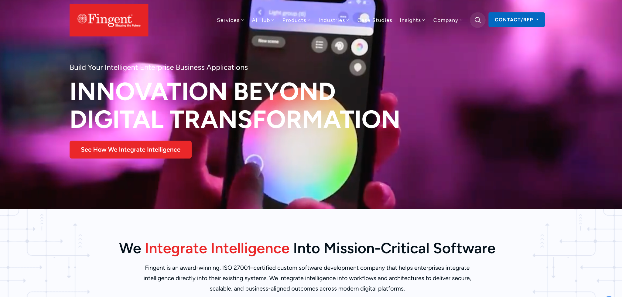 Fingent homepage: 'Innovation Beyond Digital Transformation' for intelligent enterprise business applications