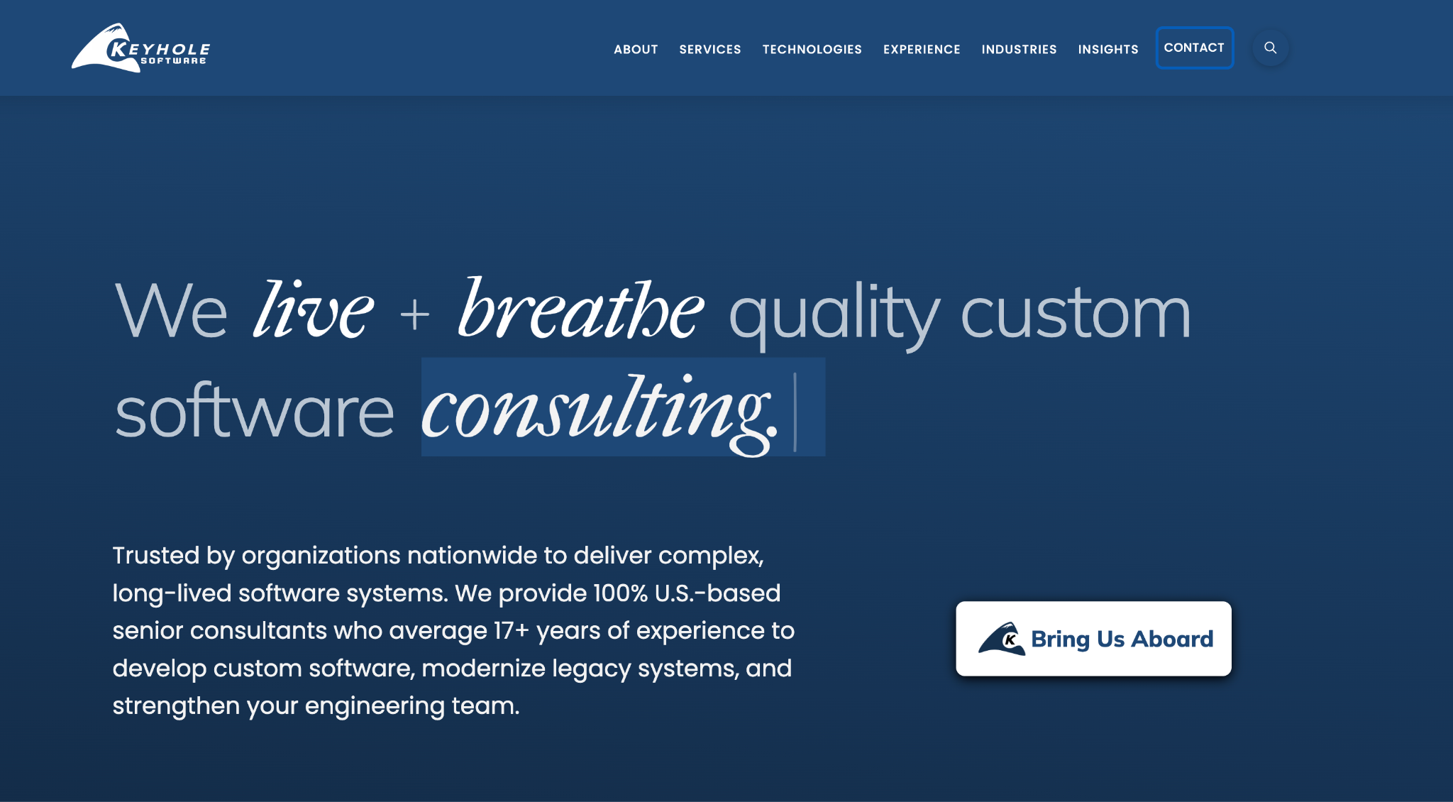 Keyhole Software homepage offering 100% U.S.-based senior consultants for custom software and legacy modernization