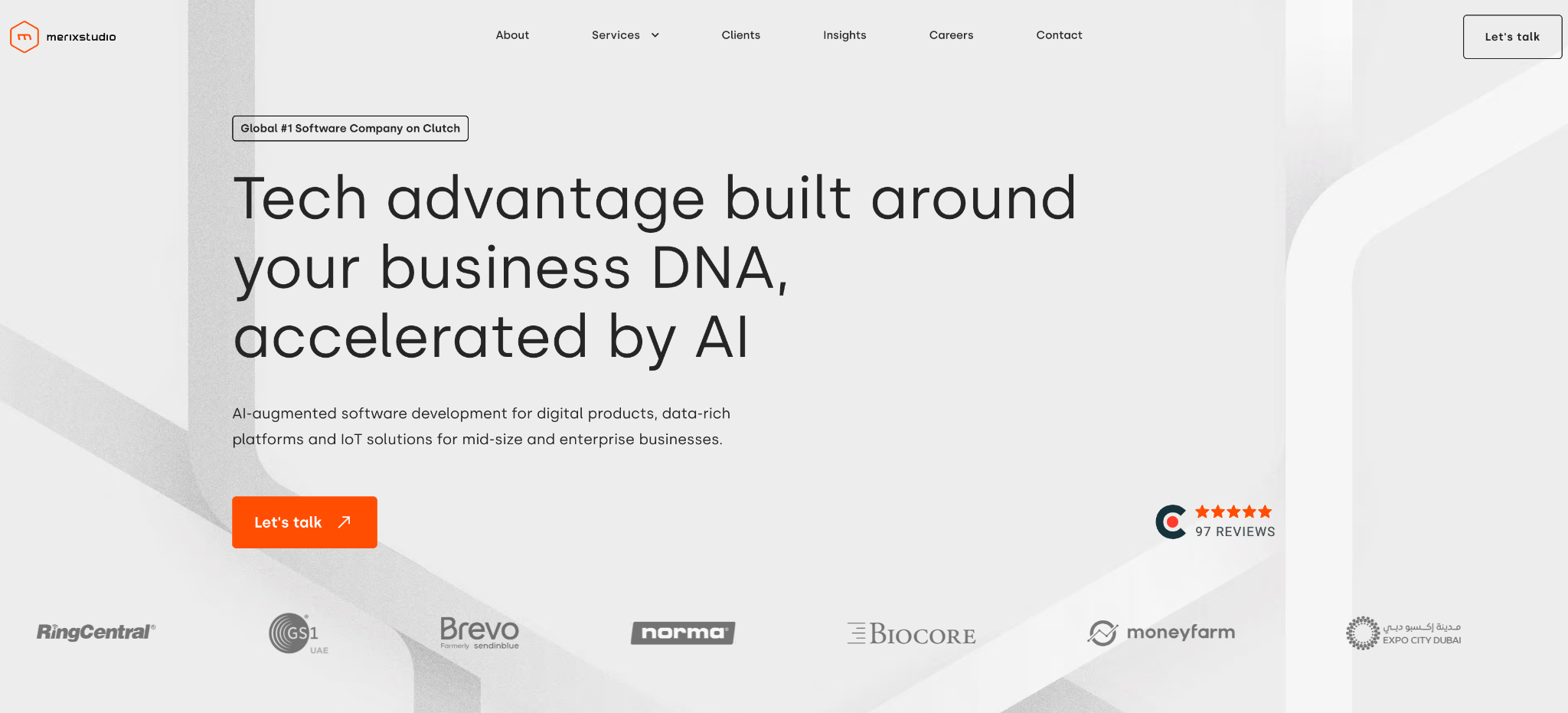 Merixstudio homepage: 'Tech advantage built around your business DNA, accelerated by AI' with Clutch reviews