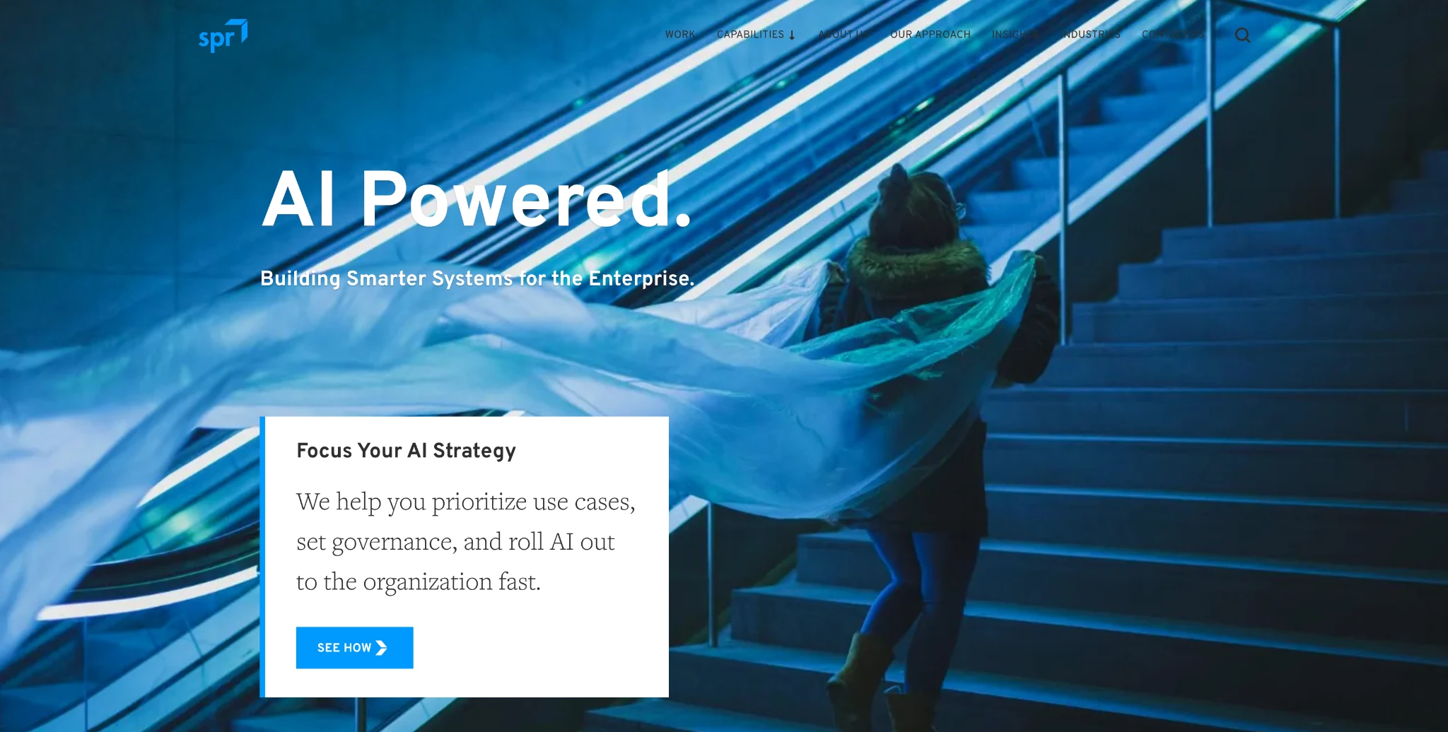 SPR homepage: 'AI Powered. Building Smarter Systems for the Enterprise' with a Focus Your AI Strategy call-out