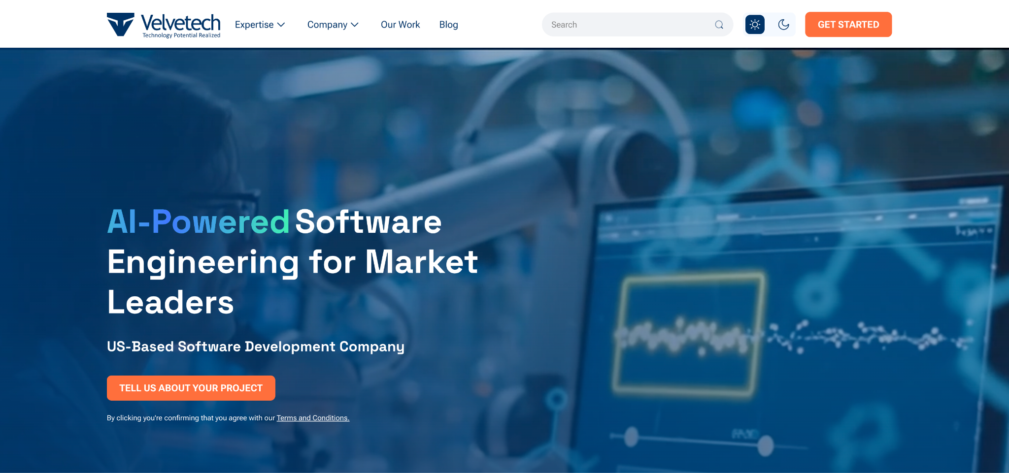 Velvetech homepage: 'AI-Powered Software Engineering for Market Leaders', a US-based software development company