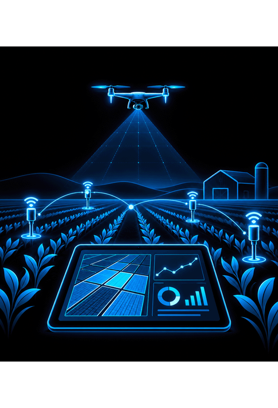 A dark scene drawn in glowing blue neon: a quadcopter drone hovers over rows of leafy crops and casts a scanning beam onto the field, five post-mounted sensors with wi-fi arcs stand between the rows, a barn and a silo sit on the horizon, and a tablet in the foreground shows a field map split into plots beside a rising line chart, a donut chart and a bar chart.