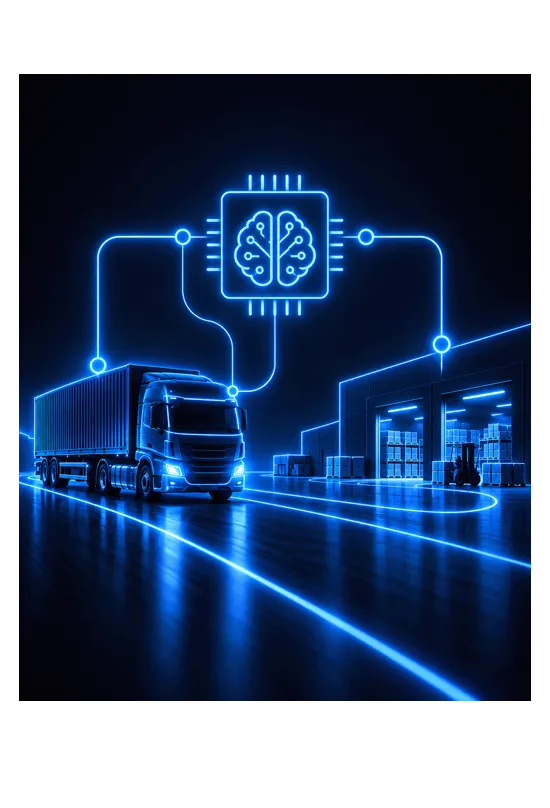 A night scene drawn in glowing blue neon on black: a semi-truck with a shipping container drives along a road whose lane lines light up, while a microchip bearing a brain symbol floats above it, wired by curved lines to nodes on the road and on a warehouse. On the right the warehouse stands open at its loading bays, stacked pallets and a forklift visible inside.