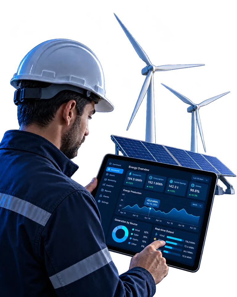 An engineer in a white hard hat and a navy work jacket with reflective stripes, seen from behind, holds a tablet showing a dark dashboard headed Energy Overview: cards reading Generation 194.5 MWh, Consumption 192.1 MWh, Carbon Savings 142.3 t and Uptime 99.8%, an Energy Production chart with a 42.8 MWh tooltip dated Apr 14 2024, a Generation by Source doughnut listing Wind 52%, Solar 28%, Hydro 15% and Other 5%, and a Real-time Output panel; a solar array and two wind turbines stand behind him.