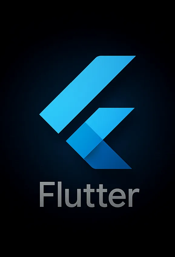 The Flutter logo — a stylised blue and light-blue letter F folded from flat panes — centred on a near-black field, with the word Flutter in grey beneath it.
