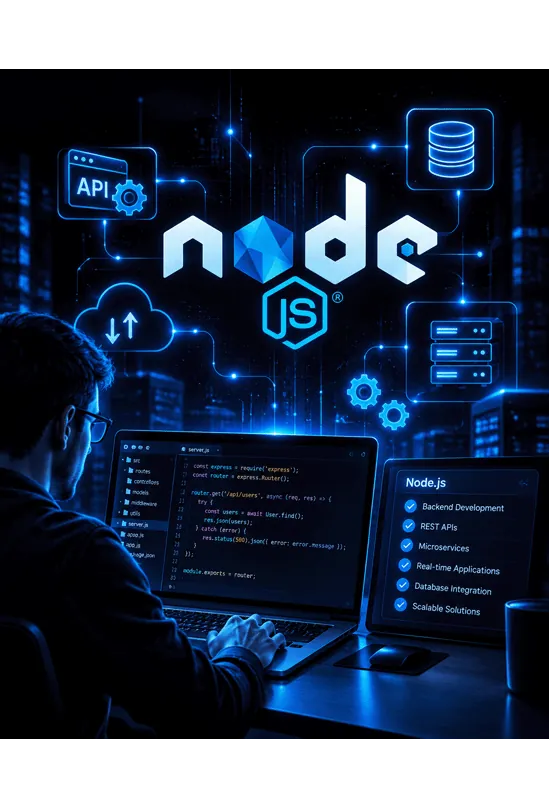 A dark blue scene: a person at a laptop whose editor shows Node.js server code using Express, with a file tree beside it. The Node.js logo glows above, linked by lines to icons for an API, a database, cloud upload and download, and stacked servers. To the right a panel headed Node.js lists Backend Development, REST APIs, Microservices, Real-time Applications, Database Integration and Scalable Solutions.