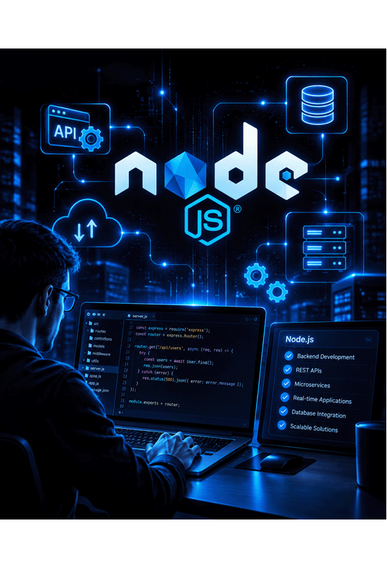 A dark blue scene: a person at a laptop whose editor shows Node.js server code using Express, with a file tree beside it. The Node.js logo glows above, linked by lines to icons for an API, a database, cloud upload and download, and stacked servers. To the right a panel headed Node.js lists Backend Development, REST APIs, Microservices, Real-time Applications, Database Integration and Scalable Solutions.