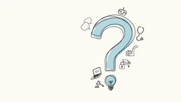 Hand-drawn question mark surrounded by AI topic icons: robot, chat bubbles, stethoscope, factory, graduation cap, lock, laptop, gavel and light bulb