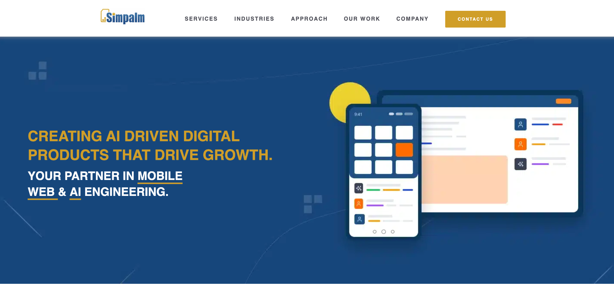 Simpalm website homepage: "Creating AI driven digital products that drive growth", with mobile and web app mock-ups on a blue background.