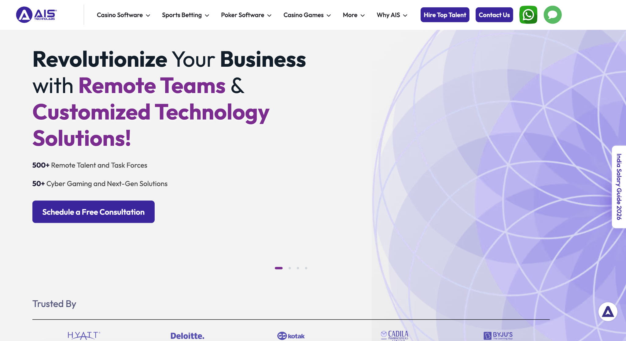 AIS Technolabs homepage: "Revolutionize Your Business with Remote Teams & Customized Technology Solutions", citing 500+ remote talent.