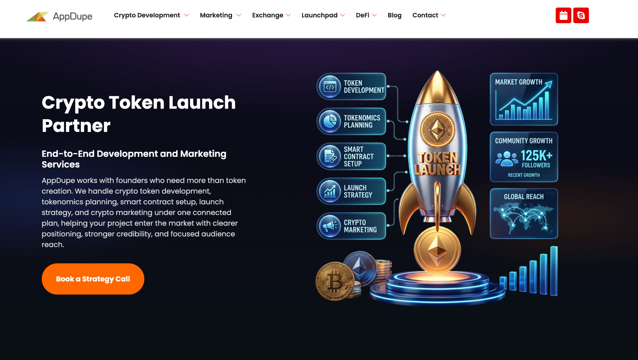 AppDupe website homepage: "Crypto Token Launch Partner", with a rocket graphic listing token development, tokenomics and crypto marketing.