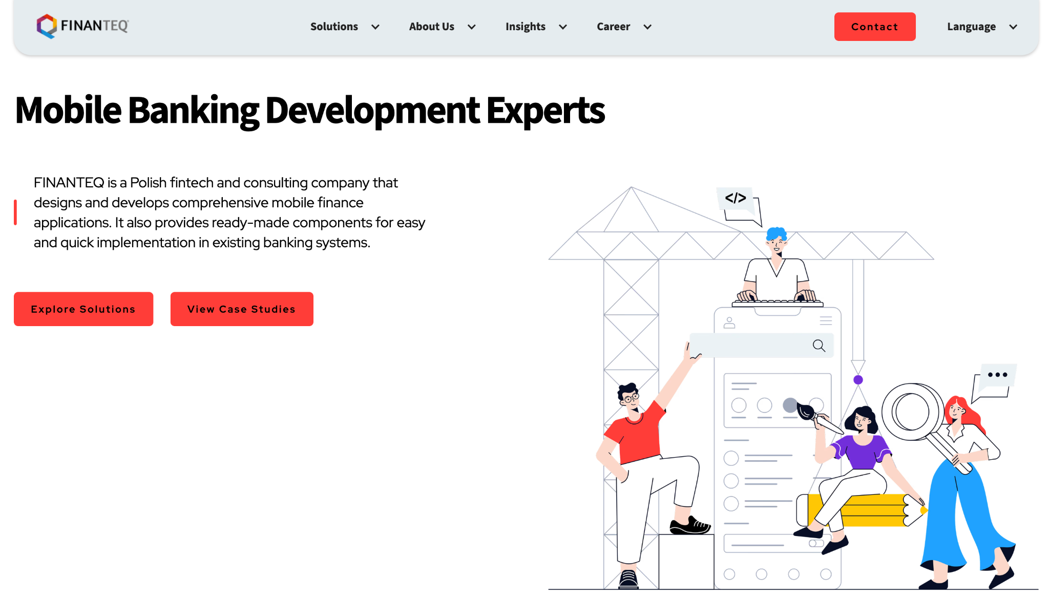 FINANTEQ website homepage: "Mobile Banking Development Experts", with an illustration of a team building a banking app on a phone screen.